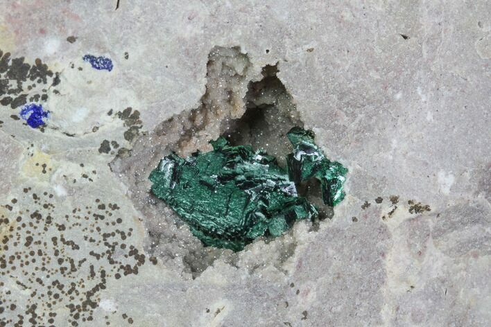 Malachite After Azurite Crystal Cluster on Druzy Quartz - Morocco #90341